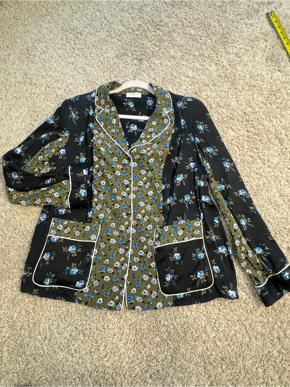 NWT Sandro Paris Crepe & Satin Noisette Shirt In Black Floral Size 3 - Picture 3 of 11